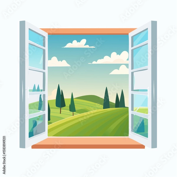 Obraz Open window reveals a painted landscape of rolling green hills in Tuscany
