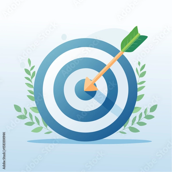 Obraz Arrow with leaves strikes bullseye on target, symbolizing growth at a goal