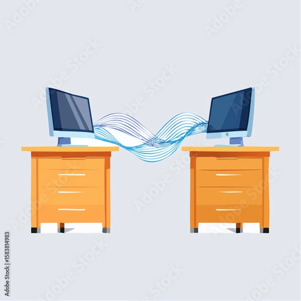 Obraz Two workstations on wooden desks linked by flowing Data Stream