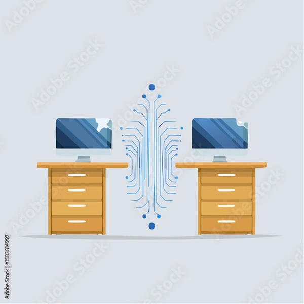 Obraz Two desks Connected with a Glowing Data Stream Illustrates Network Communication