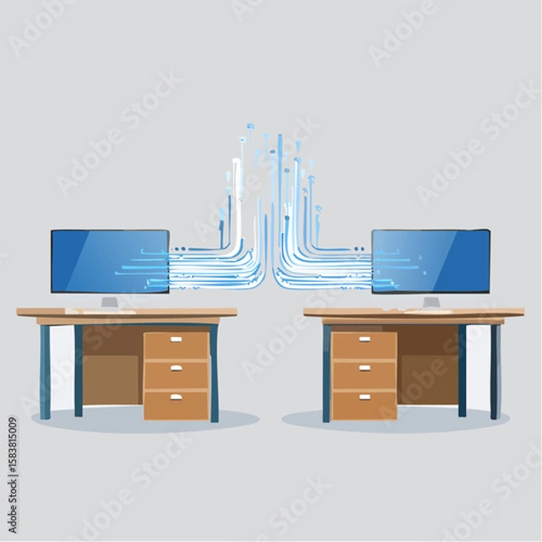 Obraz Two desks connected by data stream bridge, computers on each desk