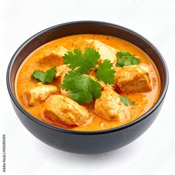 Fototapeta Delicious and appetizing chicken tikka masala bowl, garnished with cilantro on white background