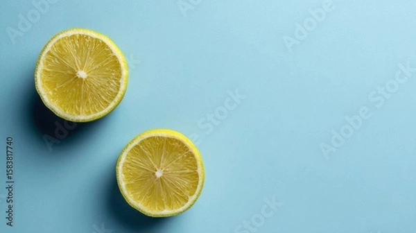Fototapeta Lemon Wedges on Soft Blue Backdrop Create a Fresh and Clean Layout Perfect for Culinary and Lifestyle Presentations