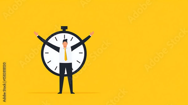 Fototapeta A business professional stands within a clock face with arms raised, symbolizing time management and professional efficiency against a bright yellow background.
