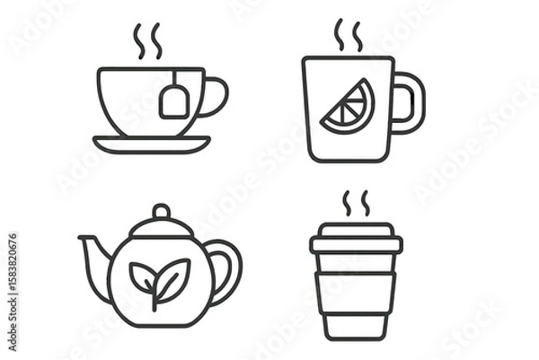 Obraz Tea and Hot Drink Line Icons Set – Minimalist Linear Style Collection Featuring Teacup, Mug with Lemon, Teapot with Leaf, and Takeaway Cup – Outline Pictograms for Beverage Infographics and Menus