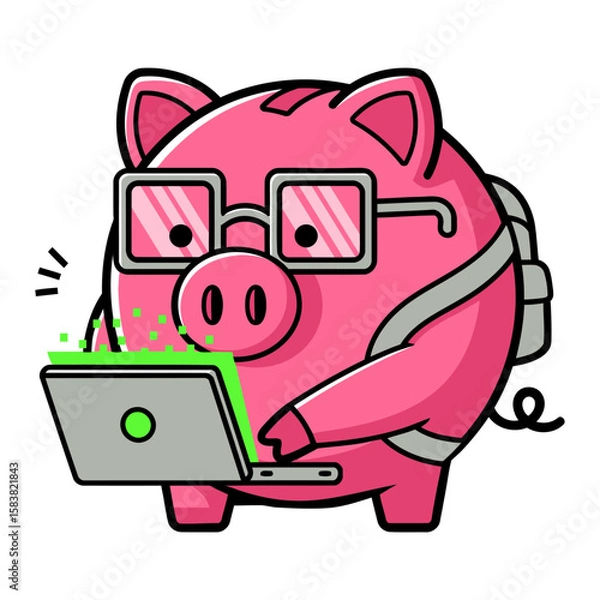 Fototapeta Tech Piggy Bank Character – Flat Vector of Pink Pig with Glasses Typing on Laptop, Surrounded by Binary Code, Clean White Background, Cute Financial Technology Cartoon Style Illustration