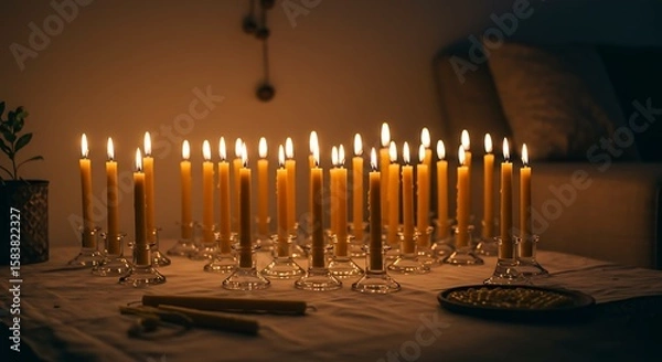 Fototapeta Candlelit Celebration: A cluster of burning candles cast a warm, inviting glow, illuminating the space with a sense of serenity, making the scene feel celebratory and introspective.