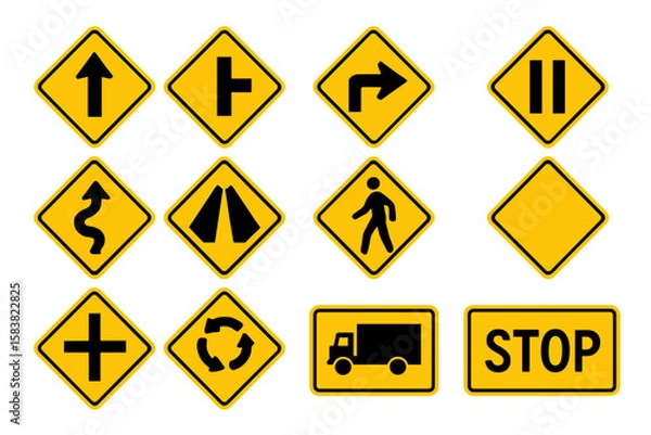 Fototapeta Comprehensive Set of Yellow Road Traffic Warning Signs Vector Illustration – Curves, Intersections, Pedestrian, Roundabout, Truck, Stop, Arrow, Merge, Transparent Background