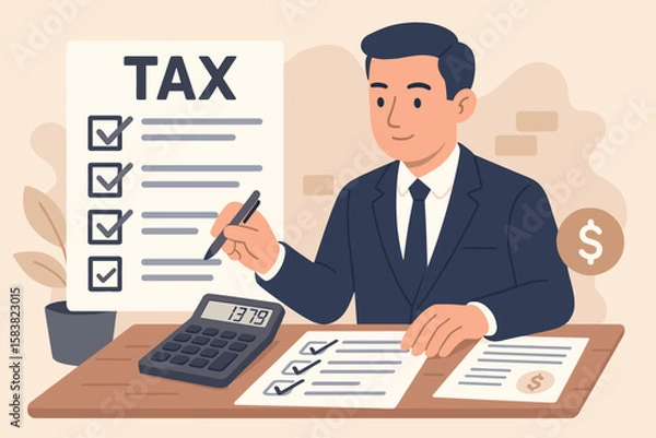Obraz Businessman Filing Income Tax, Calculating Revenue, Completing Tax Forms, Expert Checklist for Deductions, Refunds, and Payments, Financial Advisor, Tax Season Concept Illustration