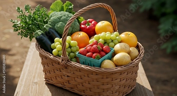 Fototapeta Fresh Harvest Basket: A vibrant collection of freshly picked fruits and vegetables overflows from a rustic basket, beautifully arranged against a backdrop of natural light.