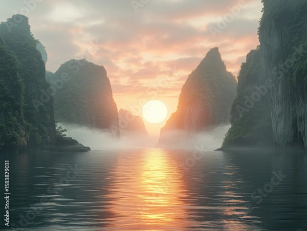 Fototapeta Sunset over Mossy Karst Cliffs in Thailand's Tranquil Waters