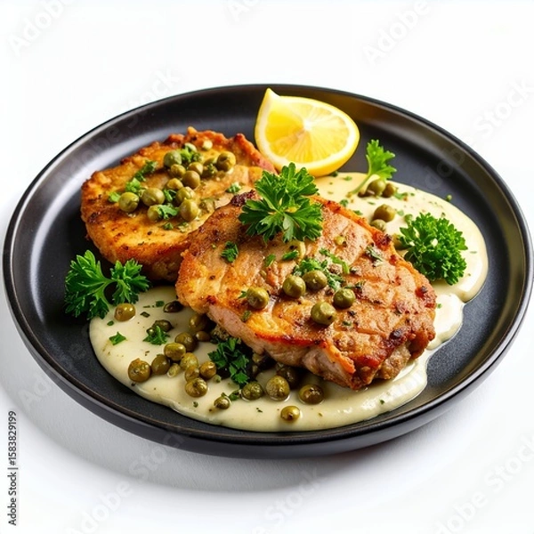 Fototapeta Gourmet pork medallions with capers, lemon, and creamy sauce presentation on white background