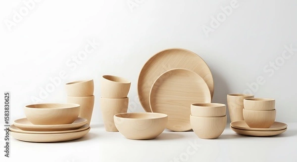 Fototapeta Elegant Ceramic Tableware Array: A meticulously arranged collection of pristine ceramic dishes, cups, and bowls showcases timeless elegance. Capturing the artistry of handcrafted design.