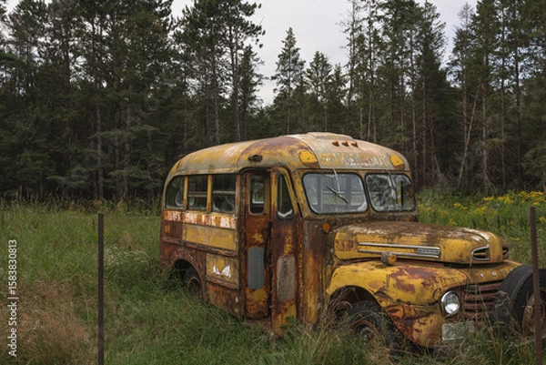 Fototapeta old bus in the middle of the woods 