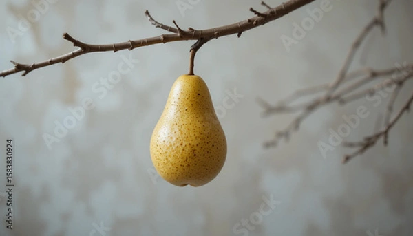 Fototapeta 
single pear hanging on a bare tree branch with soft neutral blurred background, minimalist and artistic composition