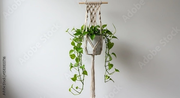 Fototapeta Macrame Hanging Planter with Pothos: A vibrant pothos plant thrives in a charming macrame hanging planter, adding a touch of bohemian elegance to any indoor space.