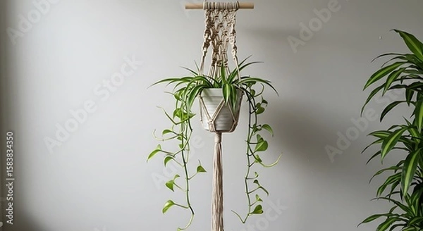 Fototapeta Greenery Elegance: A spider plant, elegantly suspended in a hand-knotted macrame planter, dangles its verdant tendrils in a home setting.