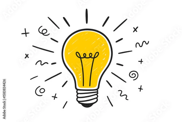 Fototapeta Hand-drawn lightbulb idea concept. Creative doodle sketch illustration. Symbol of innovation, solution, and inspiration. Brainstorming and thinking process vector icon design.