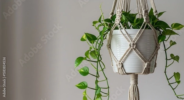 Fototapeta Macrame plant hanger with devil's ivy: A thriving devil's ivy in a white ceramic pot is elegantly suspended by a handcrafted macrame plant hanger.