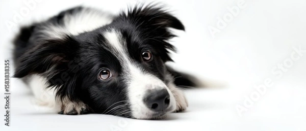Fototapeta The adorable border collie puppy resting on a white background.