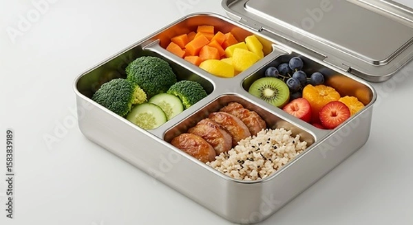 Fototapeta Healthy Meal Prep: A vibrant and organized meal prep container, filled with colorful, nutritious ingredients, showcasing the perfect balance of wholesome, fresh food ready to nourish the body.