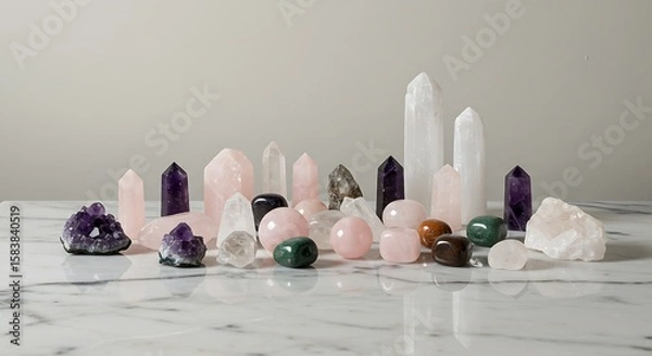 Fototapeta Crystals Composition: A serene assembly of sparkling crystals, showcasing the variety of shapes, colors, and forms, arranged on a marbled surface.