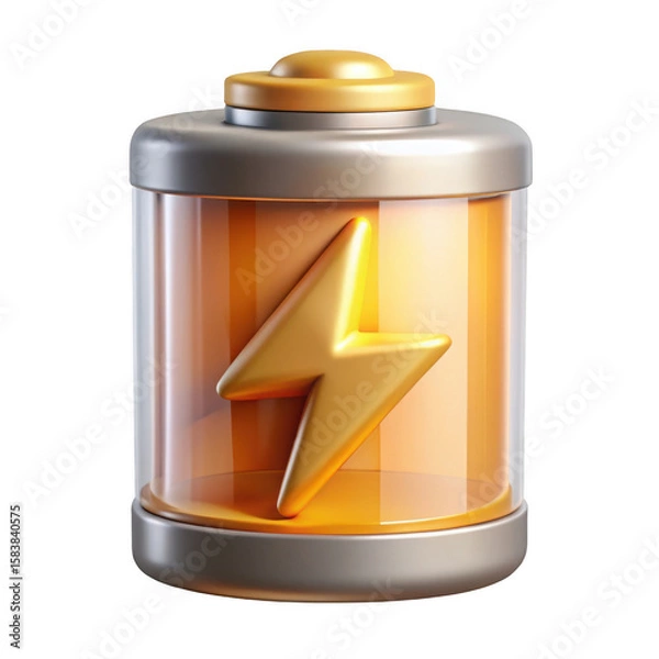 Fototapeta Shiny golden lightning bolt inside a clear battery icon isolated on transparent background