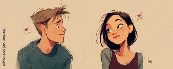 Fototapeta Charming animated boy and girl with heart symbols smiling at each other