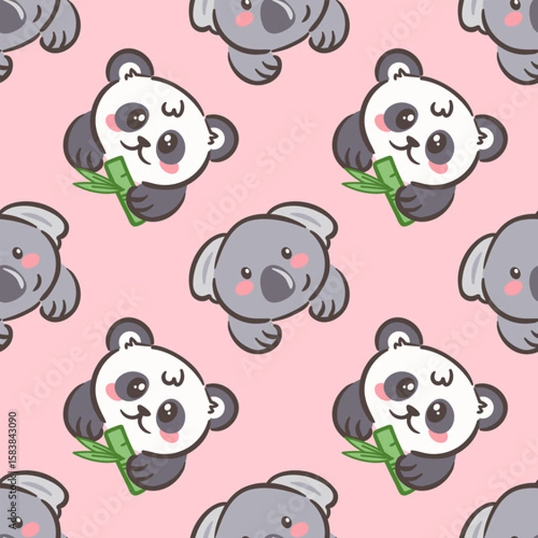 Fototapeta vector illustration features a charming seamless pattern of cute pandas and koalas against a soft pink background. Perfect for children s products, it adds a playful and joyful touch to any design.