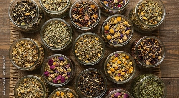 Fototapeta Aromatic Herb Collection: A captivating array of glass jars showcasing a curated selection of dried herbs, each brimming with unique textures and inviting colors, on a rustic wooden surface.