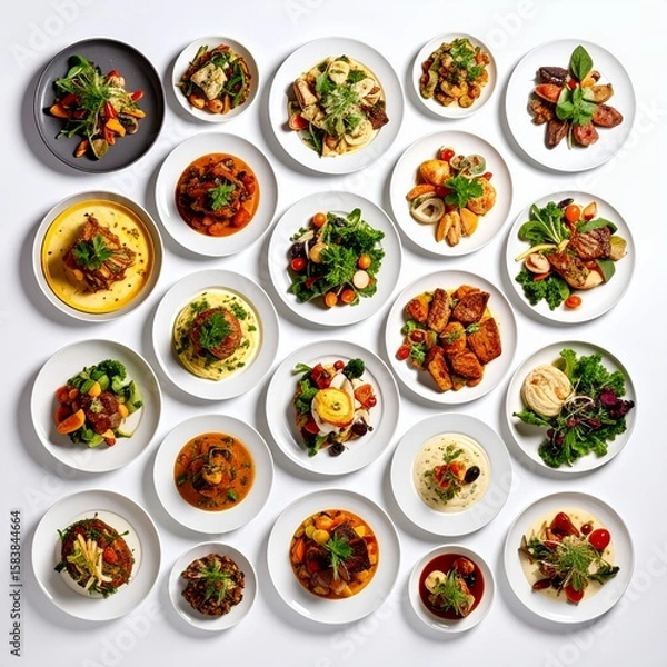 Obraz Culinary kaleidoscope featuring diverse plated dishes elegantly arranged on white background