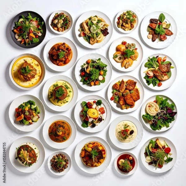 Obraz Assortment of diverse culinary dishes beautifully arranged against a stark backdrop on white background