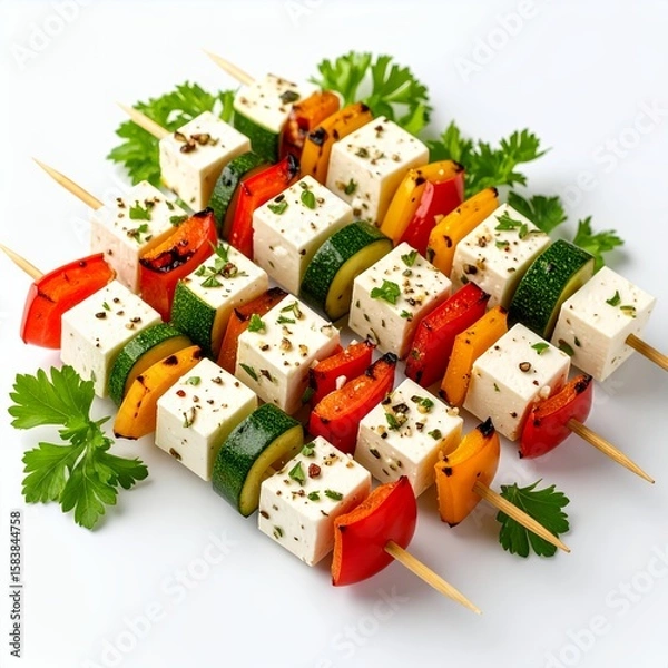 Obraz Colorful vegetable and feta skewers, a healthy and vibrant food presentation on white background