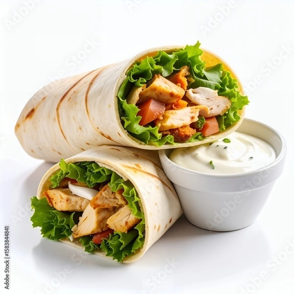 Obraz Delicious chicken wraps filled with fresh vegetables and tasty sauce ready to eat on white background