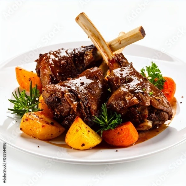 Obraz Delicious braised lamb shanks garnished with potatoes and herbs, presented on white background