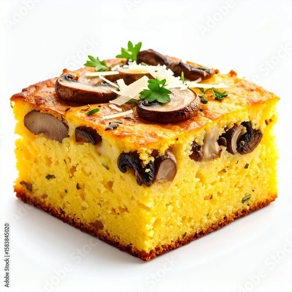 Obraz Savory mushroom and herb cornbread bake with parmesan flakes garnish on white background