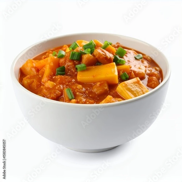 Obraz Delicious bowl filled with hearty vegetable stew, topped with fresh scallions on white background