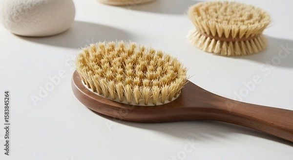 Fototapeta Brush Essentials: A close-up shot of various natural brushes of different shapes and sizes on clean surface, essential for gentle and effective self-care rituals.