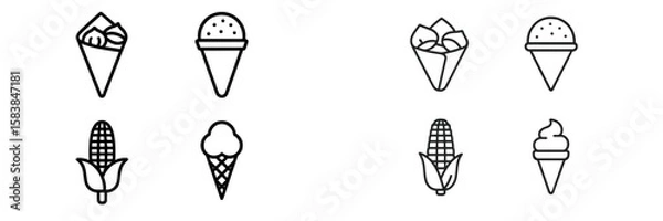 Fototapeta Variety of ice cream cone designs featuring different toppings and styles in a minimalist line art format