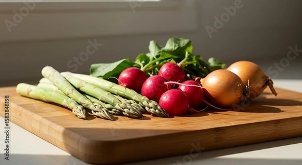 Fototapeta Fresh Harvest on the Board: A collection of vibrant spring vegetables, asparagus, radishes, onions, and watercress, are artfully arranged on a wooden cutting board, illuminated by soft natural light.