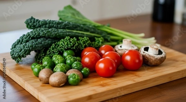 Fototapeta Fresh Garden Bounty: A vibrant display of fresh vegetables on a wooden cutting board, capturing the essence of healthy eating and culinary delight.
