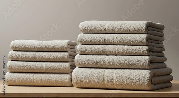 Fototapeta Cozy Linen Collection: A neat stack of soft, plush towels creates an inviting sense of comfort and cleanliness, perfect for evoking a spa-like experience in your designs. 