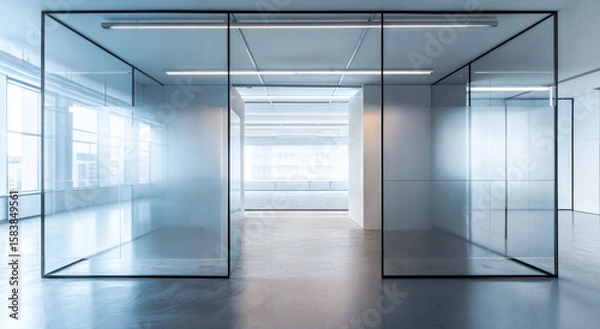 Fototapeta Modern empty office interior with glass walls and minimal lighting