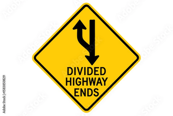 Fototapeta Divided Highway Ends Road Sign, Yellow Diamond Warning Symbol, Two-Way Traffic Begins, Road Divider Ends, Traffic Safety Vector, Transparent PNG Illustration for Highway and Street Signage