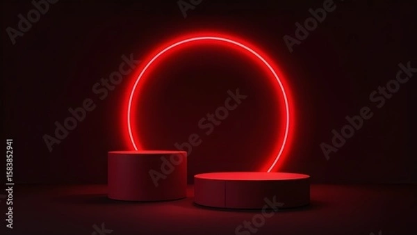 Fototapeta Abstract neon background with pedestal. 3d podium with red neon circle. Abstract background for promotion goods. Vector illustration with blank space. Minimal concept banner. Mockup template.