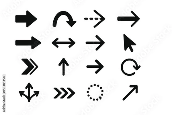 Fototapeta Black vector arrows collection. Big set of different arrow icons. Modern simple cursors and signs for web design, mobile app, and user interface. Pointer, direction symbol.