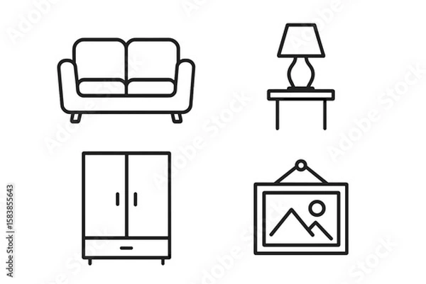 Fototapeta Modern Linear Furniture Icons Set – Minimalist Outline Sofa, Lamp, Wardrobe, Wall Art – Home Interior Essentials, Residential and Public Space Furnishing, Contemporary Pictogram Collection