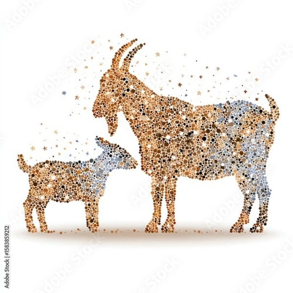 Fototapeta Two goats, a mother and a kid, depicted in a mosaic style using small, colorful shapes