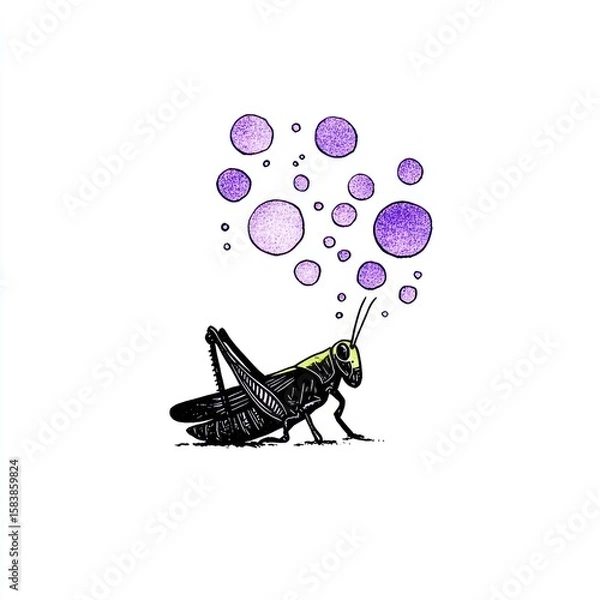 Fototapeta A grasshopper surrounded by purple bubbles