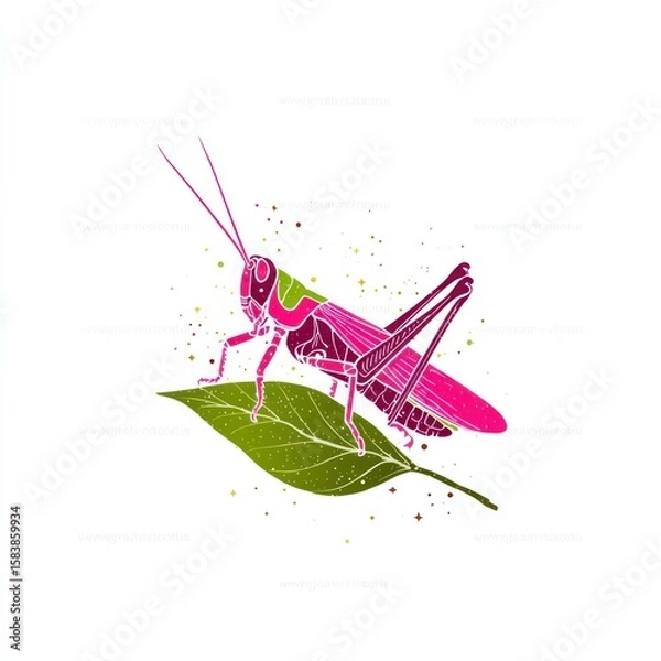 Fototapeta Pink grasshopper on a leaf, outlined in color